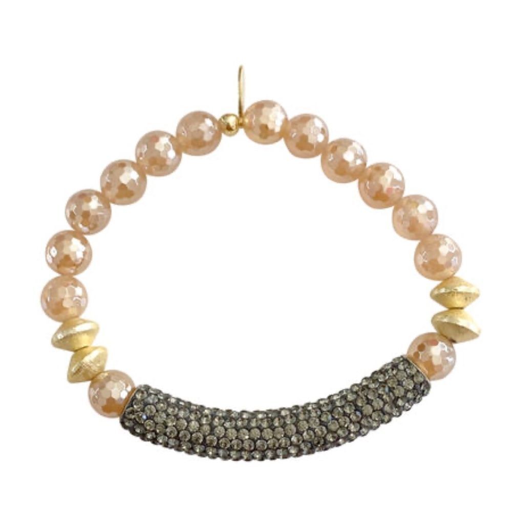 Stretch Bracelet Blush Agate Stone Beads & Gray Crystal Rhinestone Bar NEW